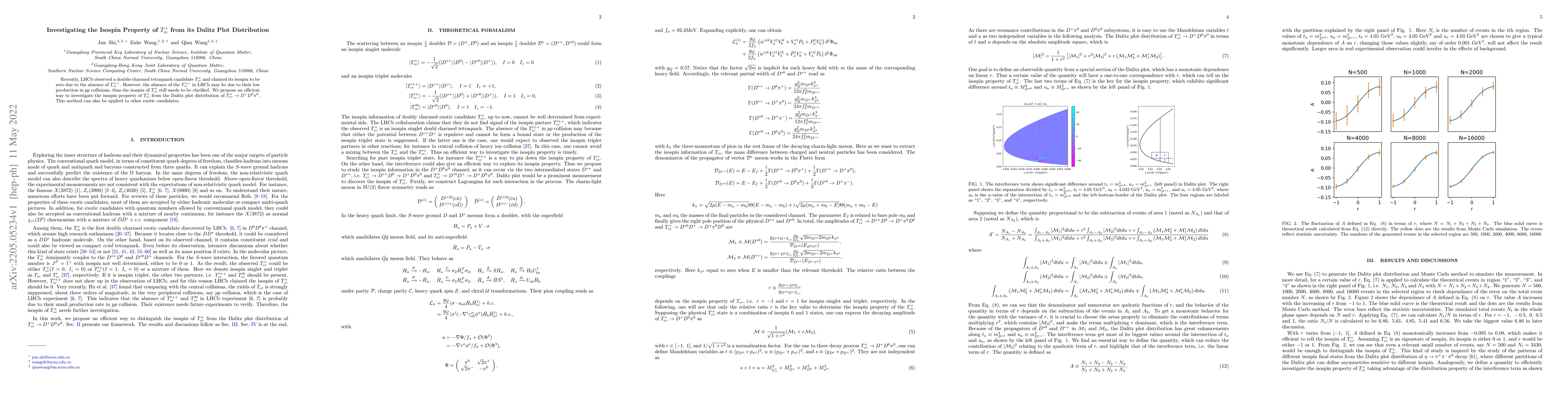 Thumbnail for Investigating the Isospin Property of $T_{cc}^+$ from its Dalitz Plot
  Distribution