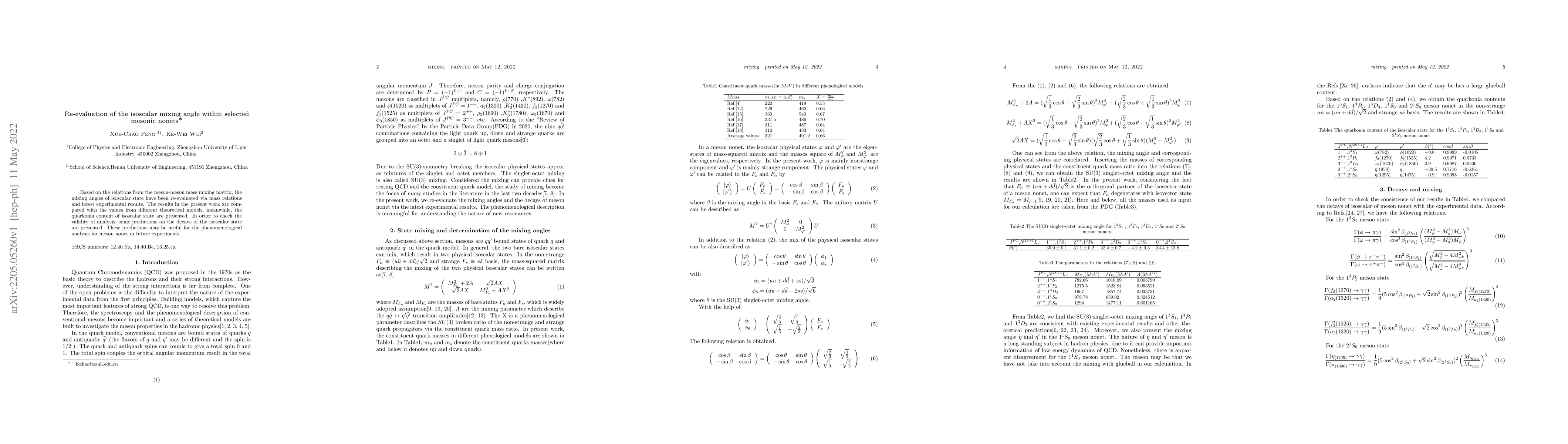 Thumbnail for Re-evaluation of the isoscalar mixing angle within selected mesonic
  nonets