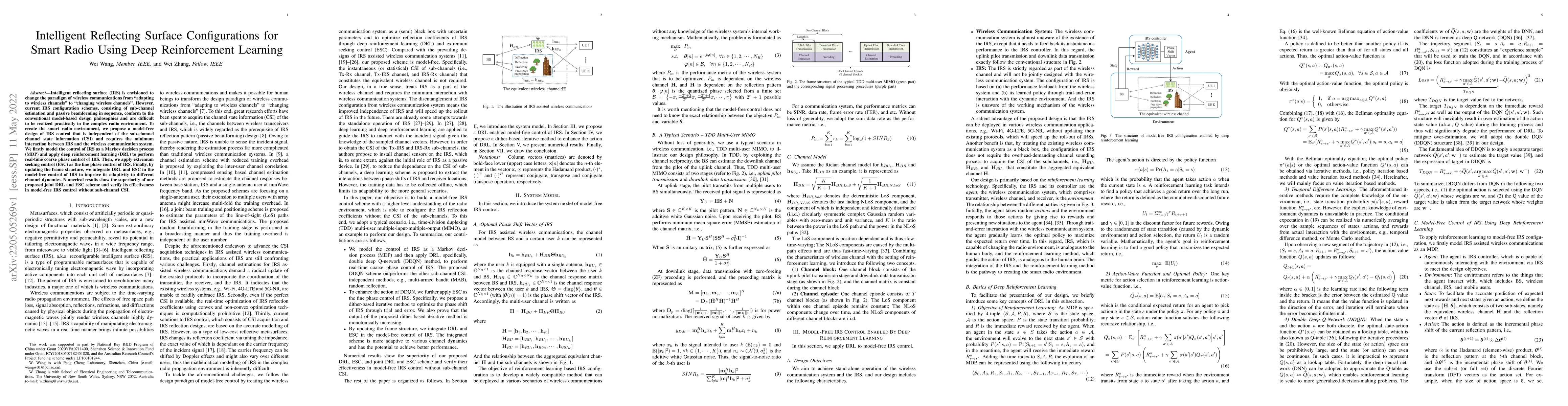 Thumbnail for Intelligent Reflecting Surface Configurations for Smart Radio Using Deep
  Reinforcement Learning