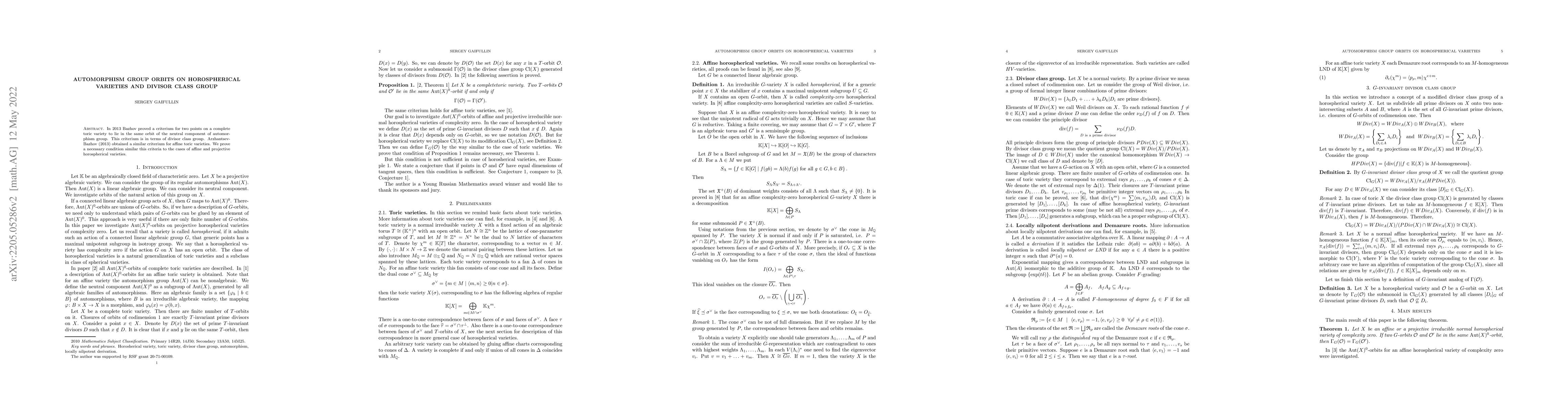 Thumbnail for Automorphism group orbits on horospherical varieties and divisor class
  group