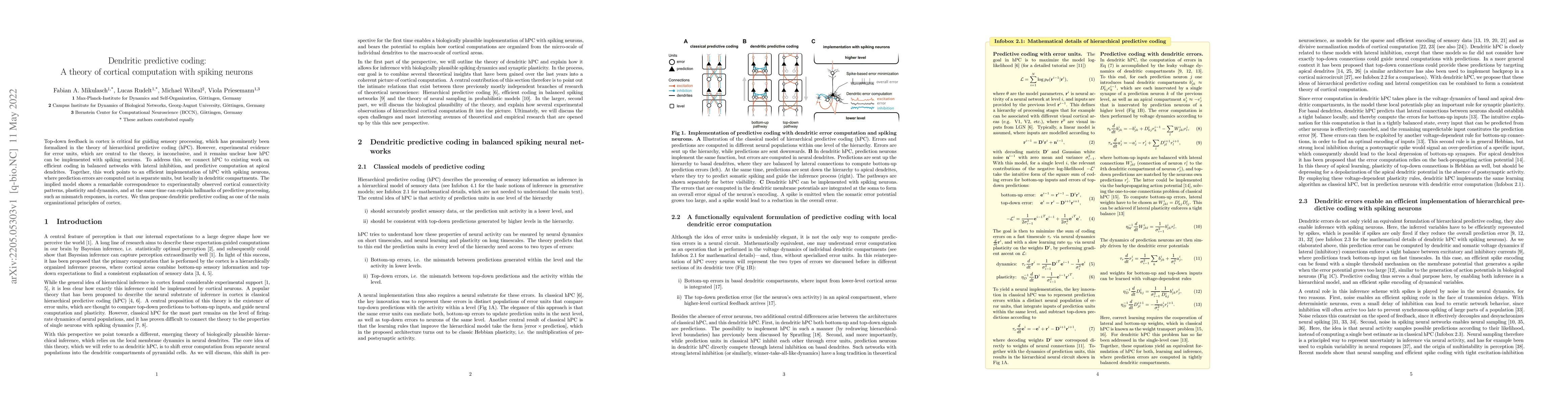 Thumbnail for Dendritic predictive coding: A theory of cortical computation with
  spiking neurons