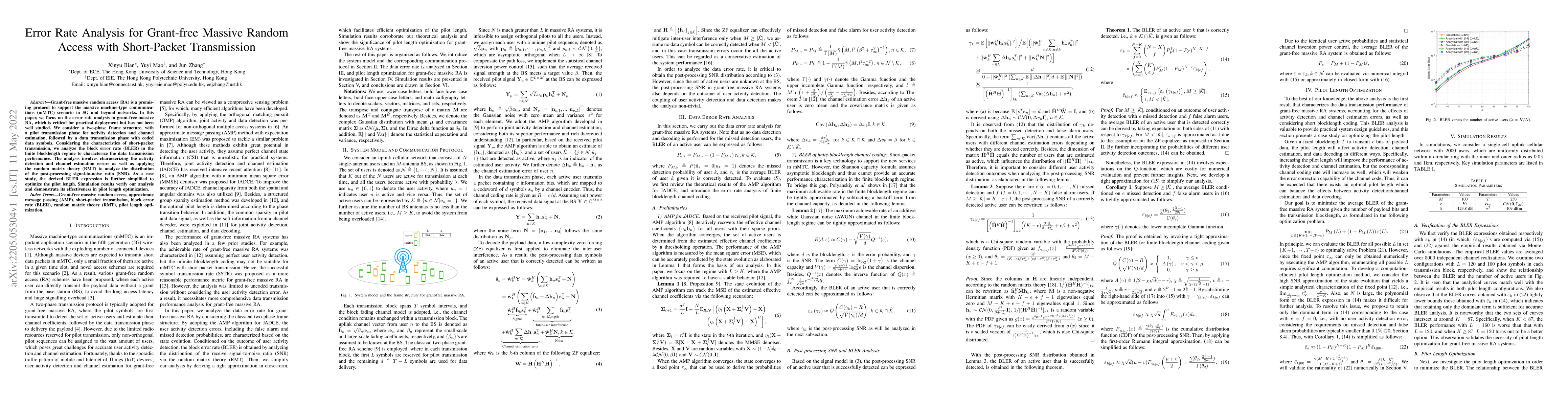 Thumbnail for Error Rate Analysis for Grant-free Massive Random Access with
  Short-Packet Transmission
