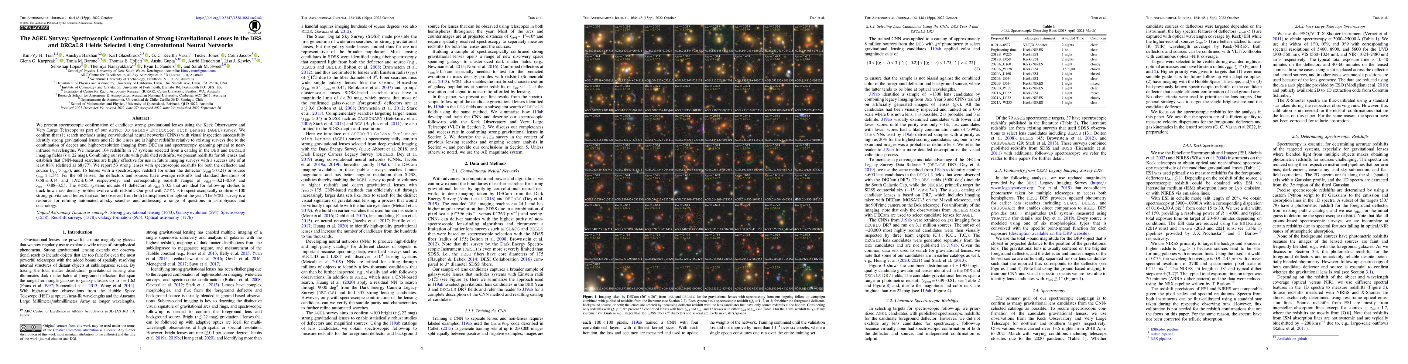 Thumbnail for The AGEL Survey: Spectroscopic Confirmation of Strong Gravitational
  Lenses in the DES and DECaLS Fields Selected Using Convolutional Neural
  Networks