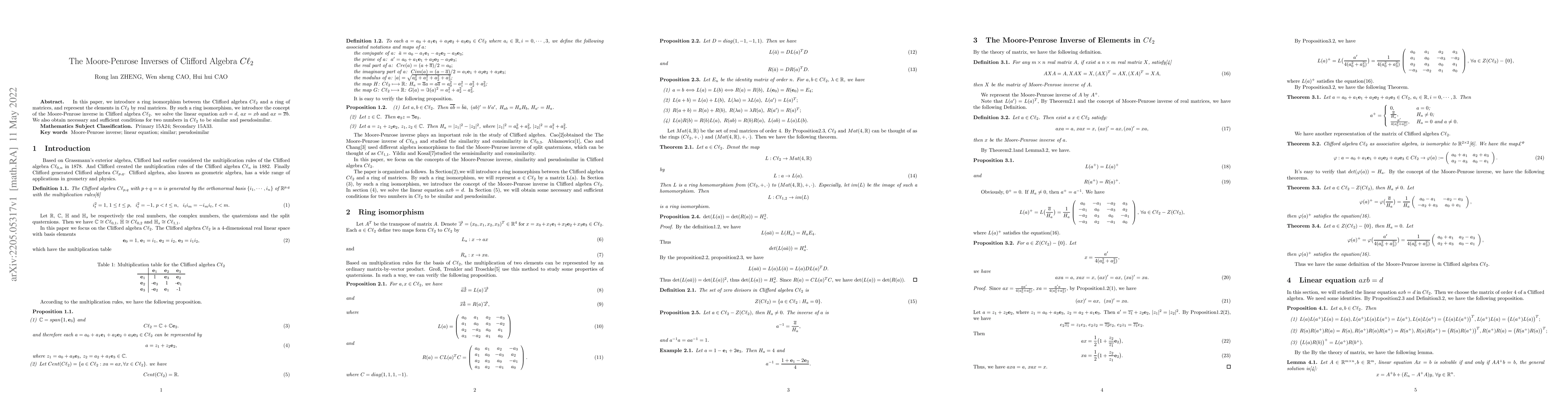Thumbnail for The Moore-Penrose Inverses of Clifford Algebra $C\ell_2$