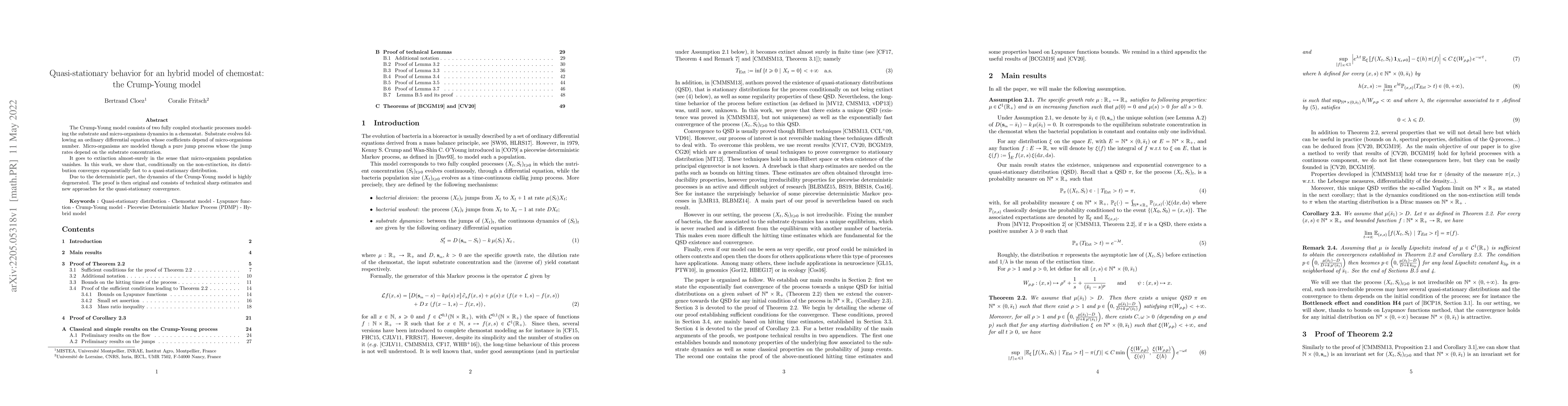 Thumbnail for Quasi-stationary behavior for an hybrid model of chemostat: the
  Crump-Young model