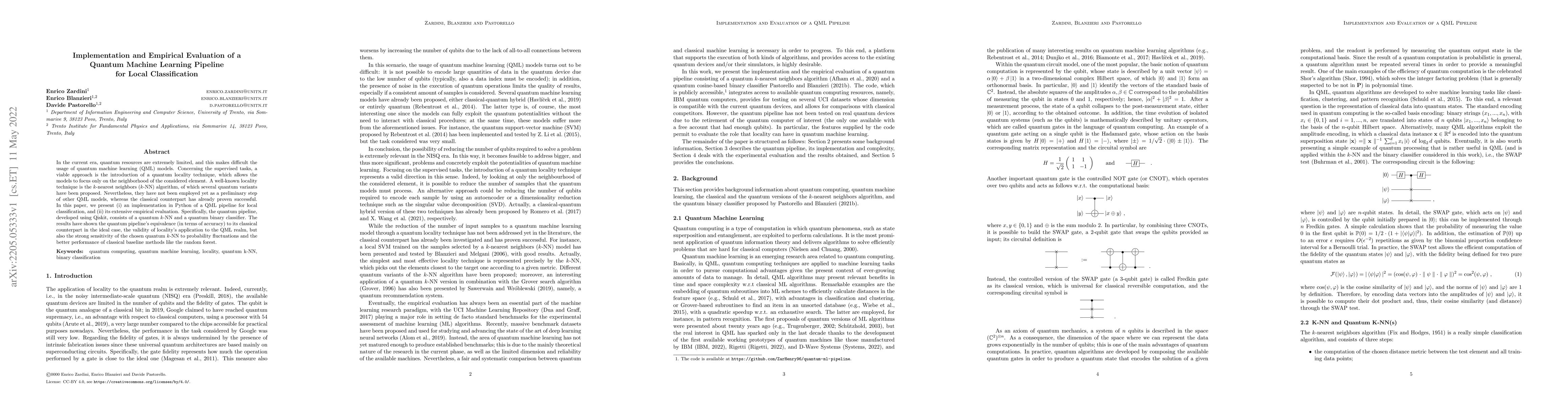 Thumbnail for Implementation and Empirical Evaluation of a Quantum Machine Learning
  Pipeline for Local Classification