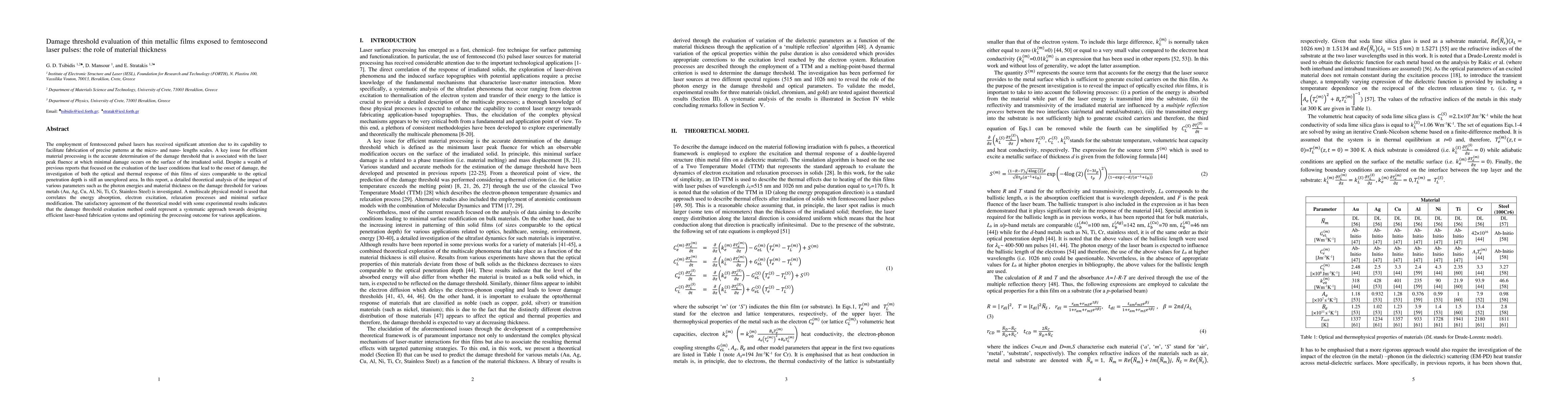 Thumbnail for Damage threshold evaluation of thin metallic films exposed to
  femtosecond laser pulses: the role of material thickness