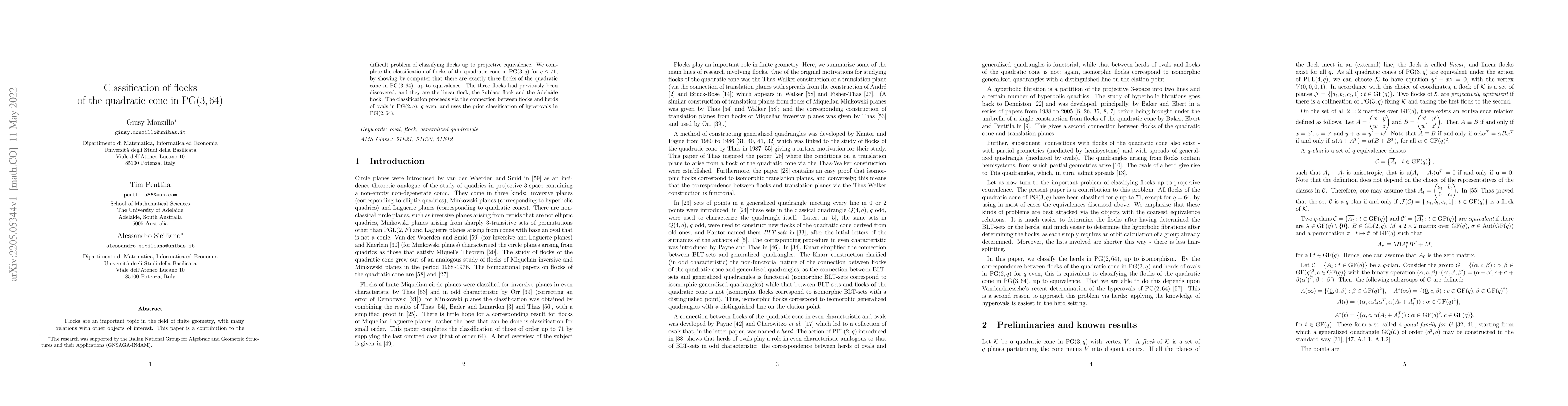 Thumbnail for Classification of flocks of the quadratic cone in PG(3,64)