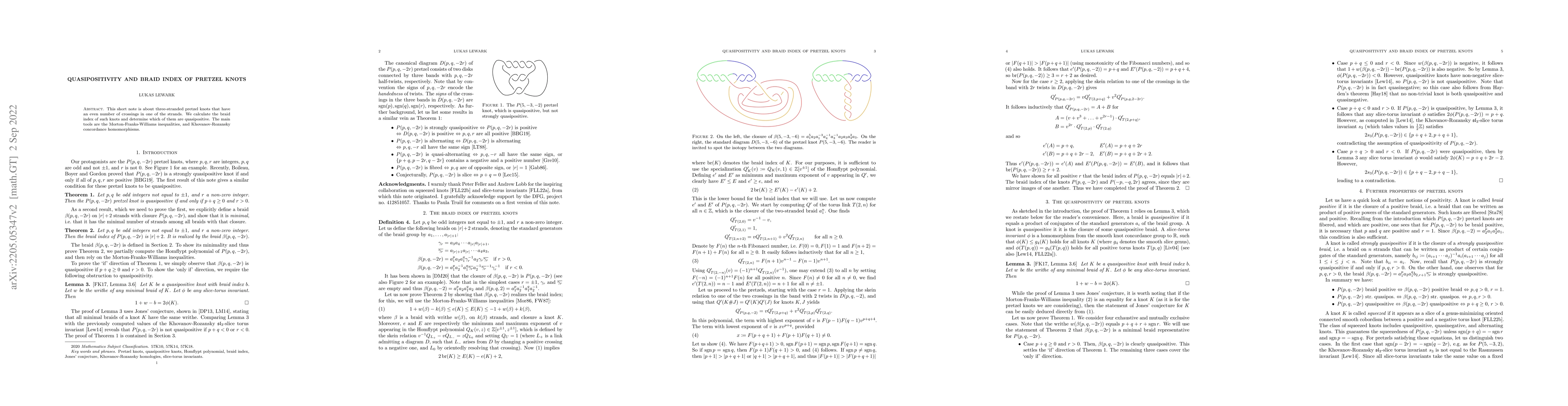 Thumbnail for Quasipositivity and braid index of pretzel knots