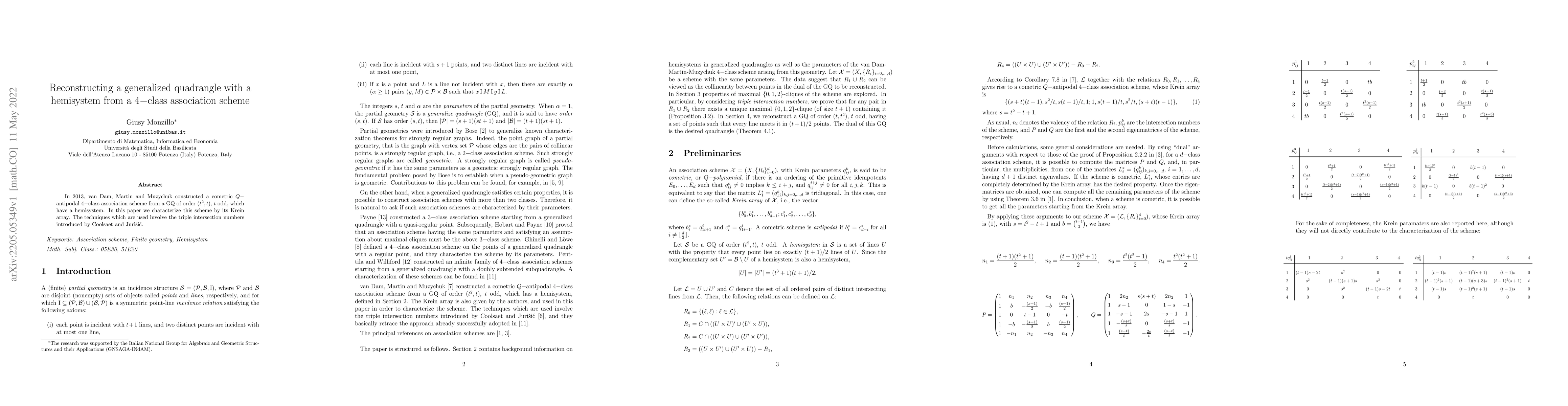 Thumbnail for Reconstructing a generalized quadrangle with a hemisystem from a
  $4-$class association scheme