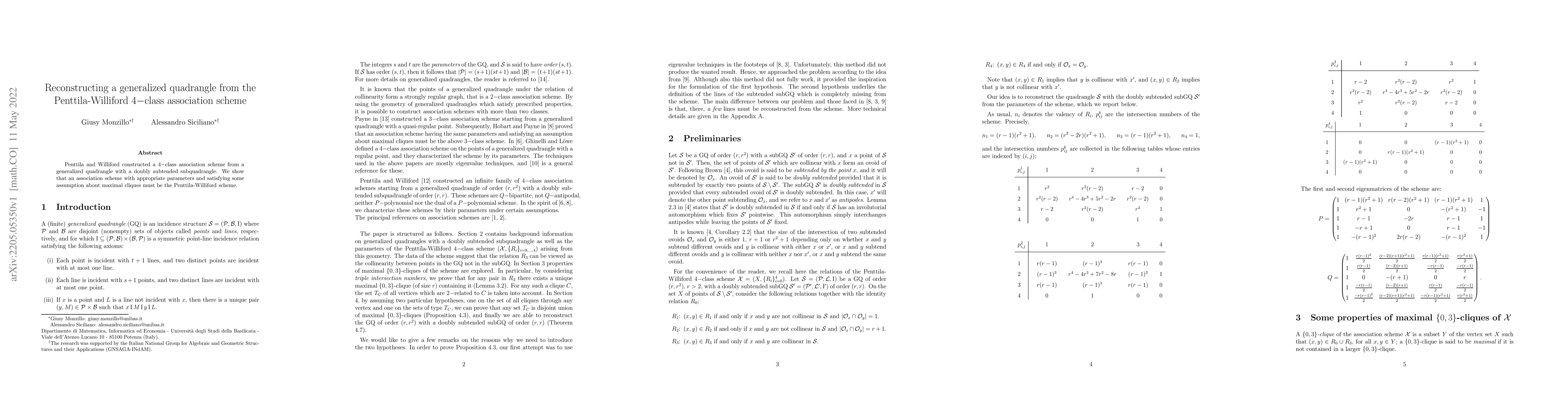 Thumbnail for Reconstructing a generalized quadrangle from the Penttila-Williford
  $4-$class association scheme