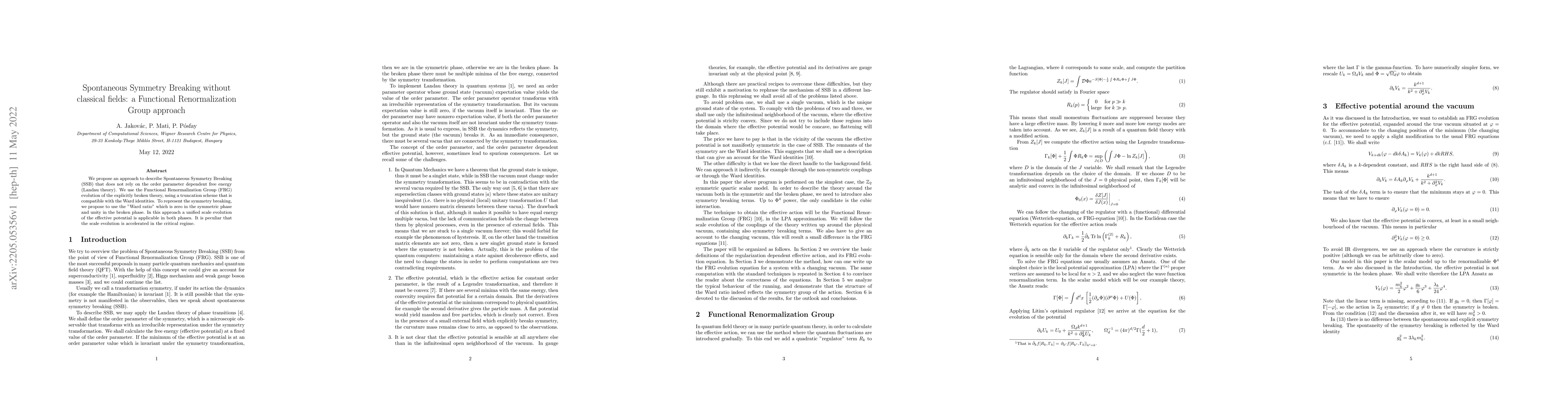 Thumbnail for Spontaneous Symmetry Breaking without classical fields: a Functional
  Renormalization Group approach