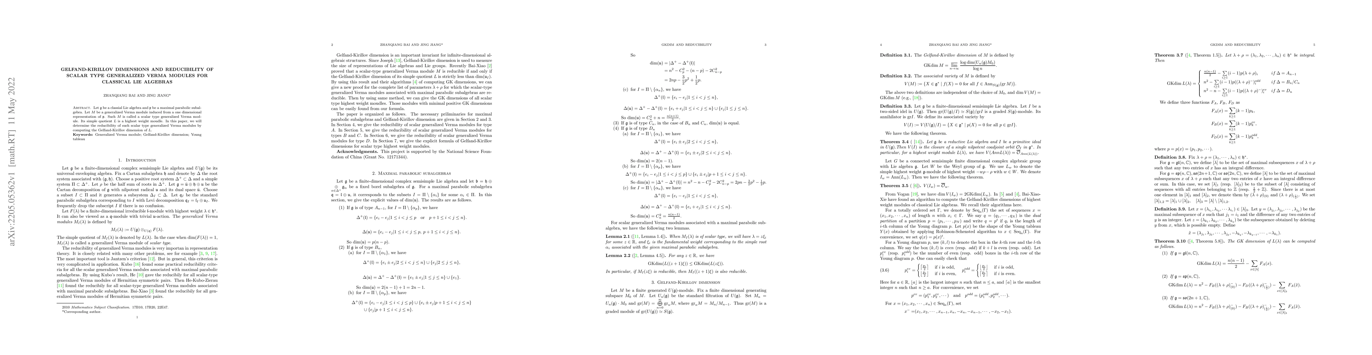 Thumbnail for Gelfand-Kirillov dimensions and Reducibility of scalar type generalized
  Verma modules for classical Lie algebras