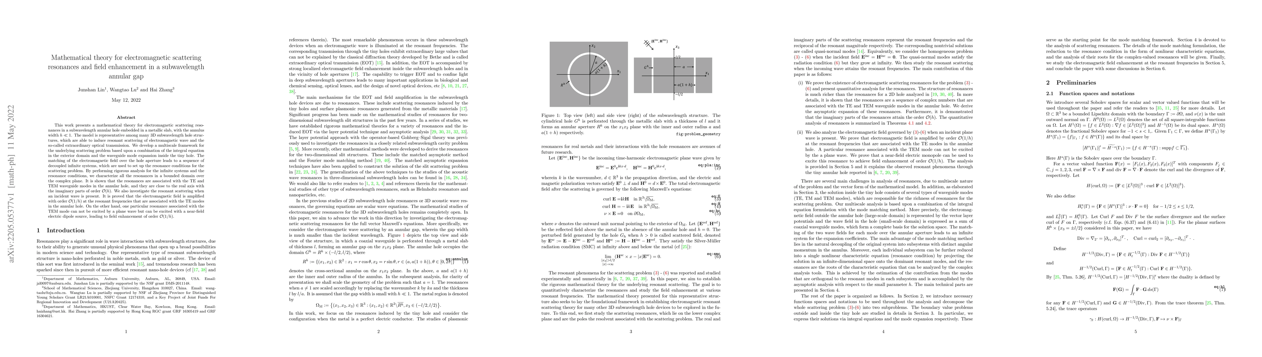 Thumbnail for Mathematical theory for electromagnetic scattering resonances and field
  enhancement in a subwavelength annular gap