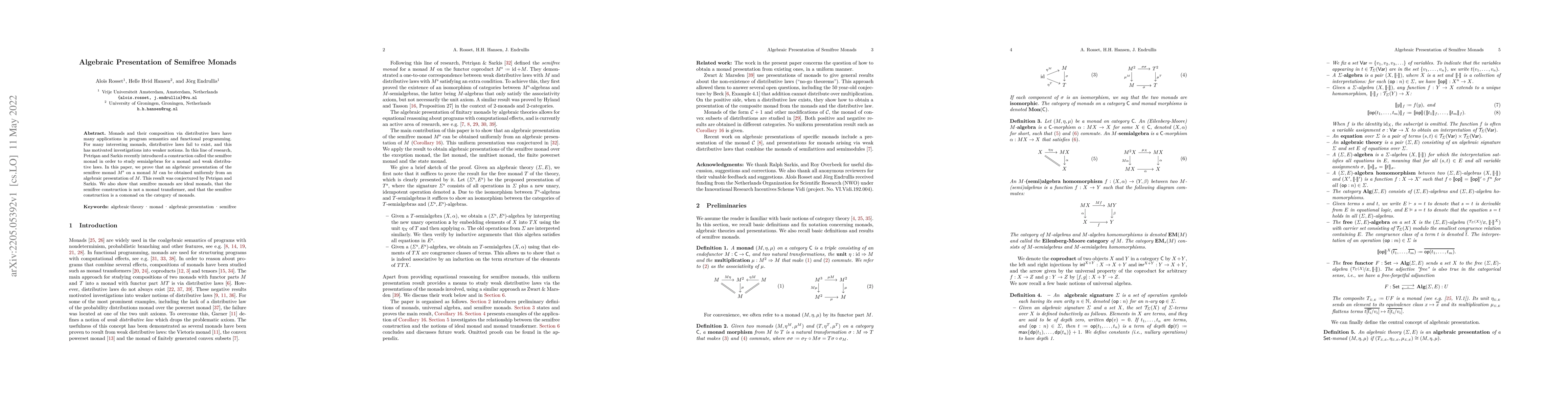 Thumbnail for Algebraic Presentation of Semifree Monads