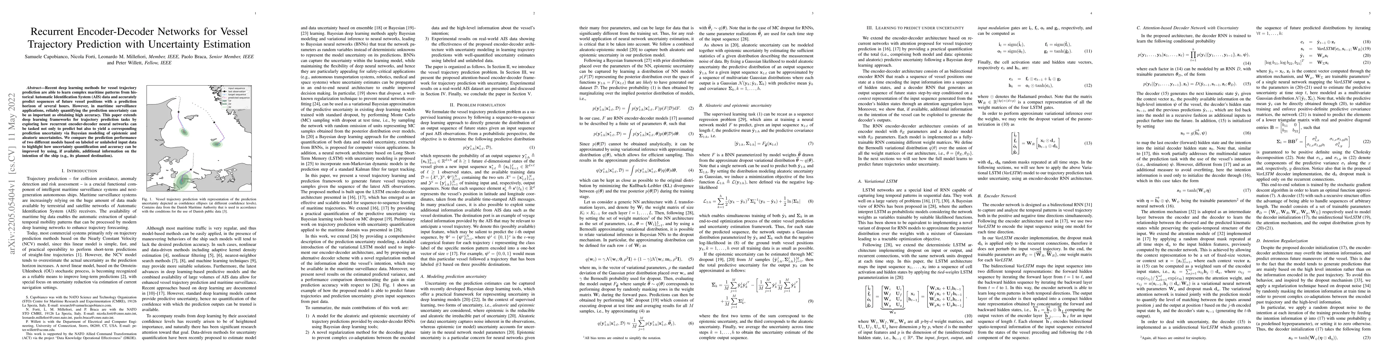 Thumbnail for Recurrent Encoder-Decoder Networks for Vessel Trajectory Prediction with
  Uncertainty Estimation