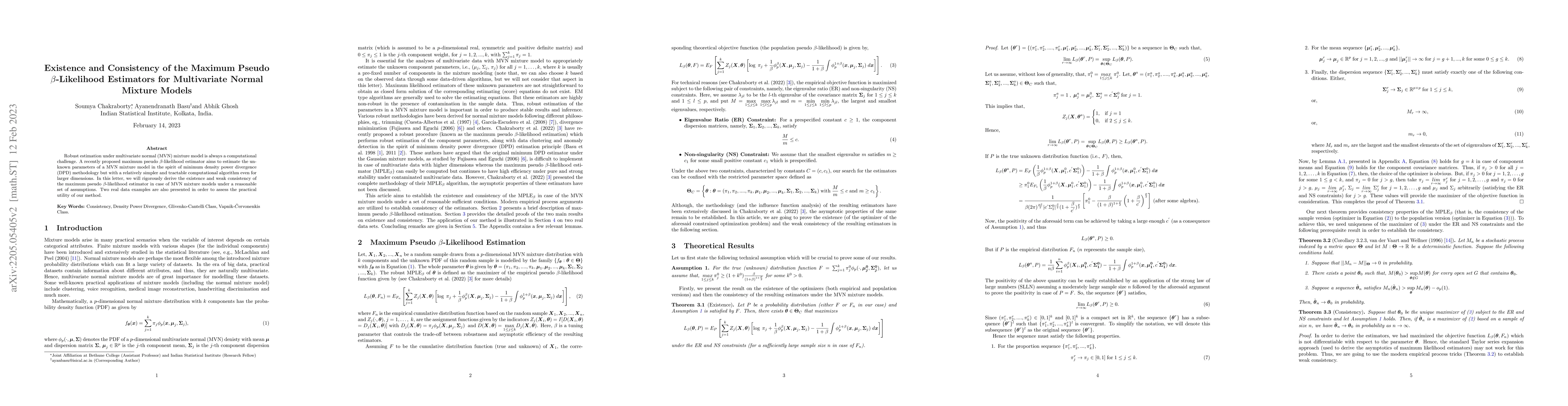 Thumbnail for Existence and Consistency of the Maximum Pseudo \b{eta}-Likelihood
  Estimators for Multivariate Normal Mixture Models