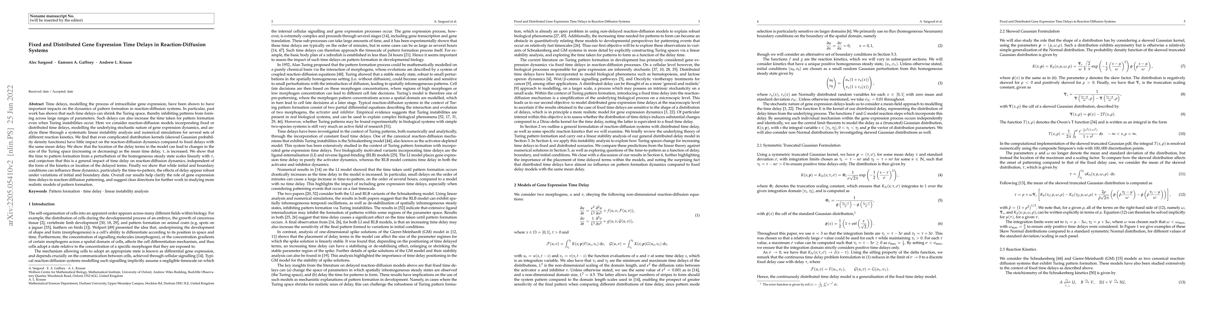Thumbnail for Fixed and Distributed Gene Expression Time Delays in Reaction-Diffusion
  Systems