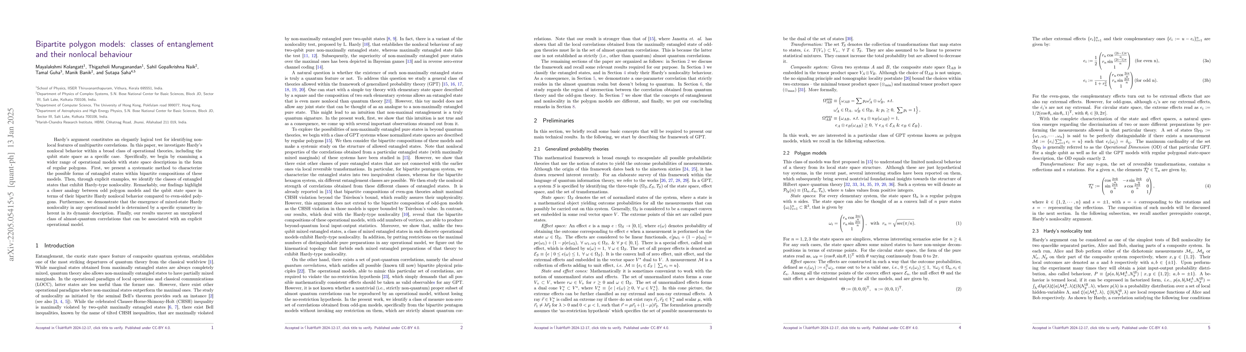 Thumbnail for Bipartite polygon models: entanglement classes and their nonlocal
  behaviour