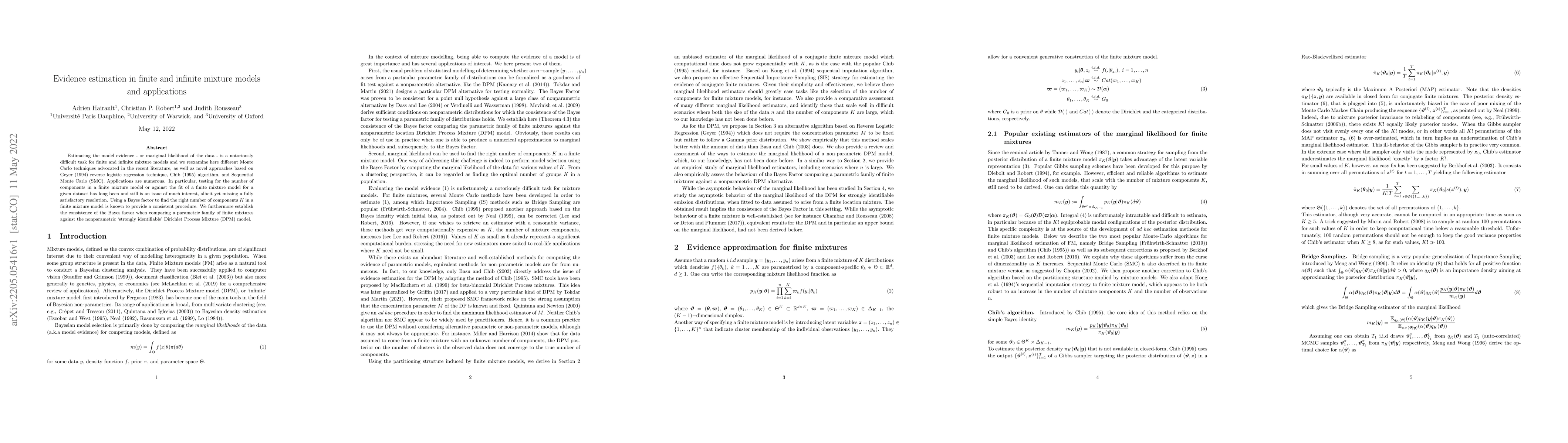 Thumbnail for Evidence estimation in finite and infinite mixture models and
  applications