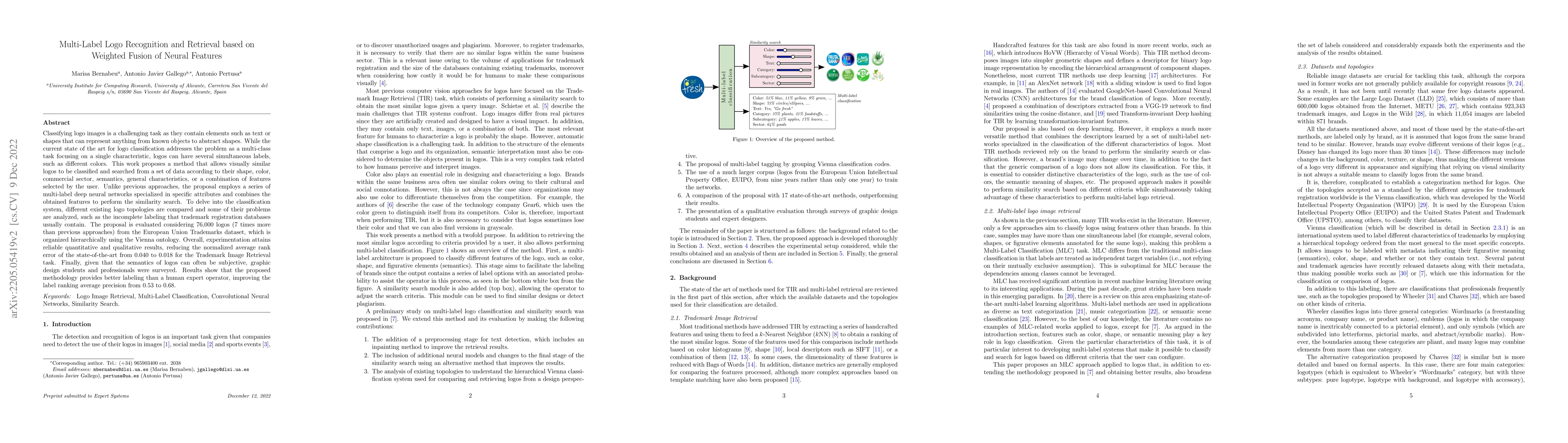 Thumbnail for Multi-Label Logo Recognition and Retrieval based on Weighted Fusion of
  Neural Features