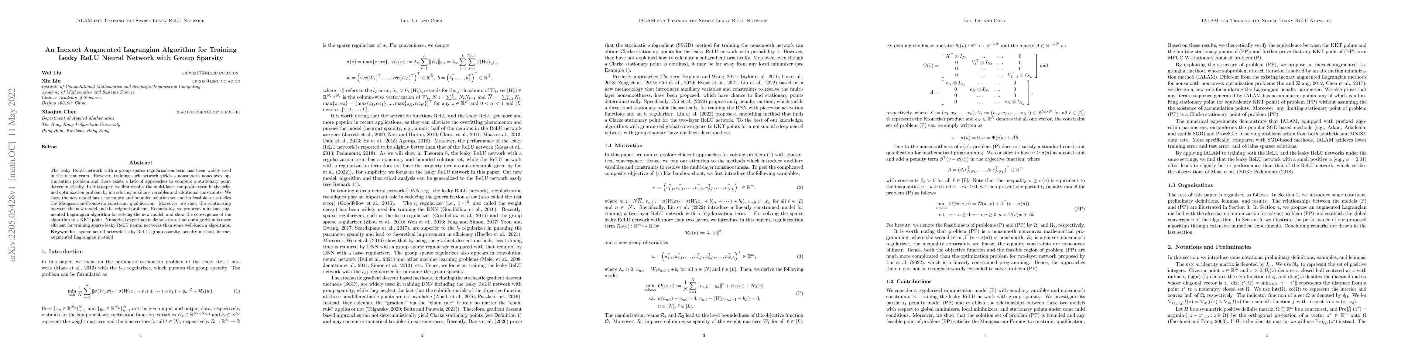 Thumbnail for An Inexact Augmented Lagrangian Algorithm for Training Leaky ReLU Neural
  Network with Group Sparsity