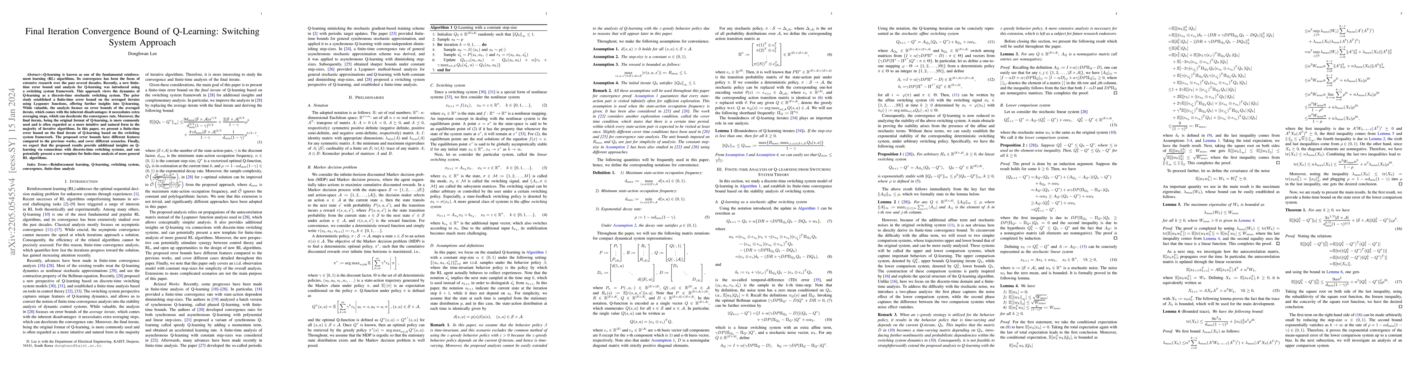 Thumbnail for Final Iteration Convergence Bound of Q-Learning: Switching System
  Approach