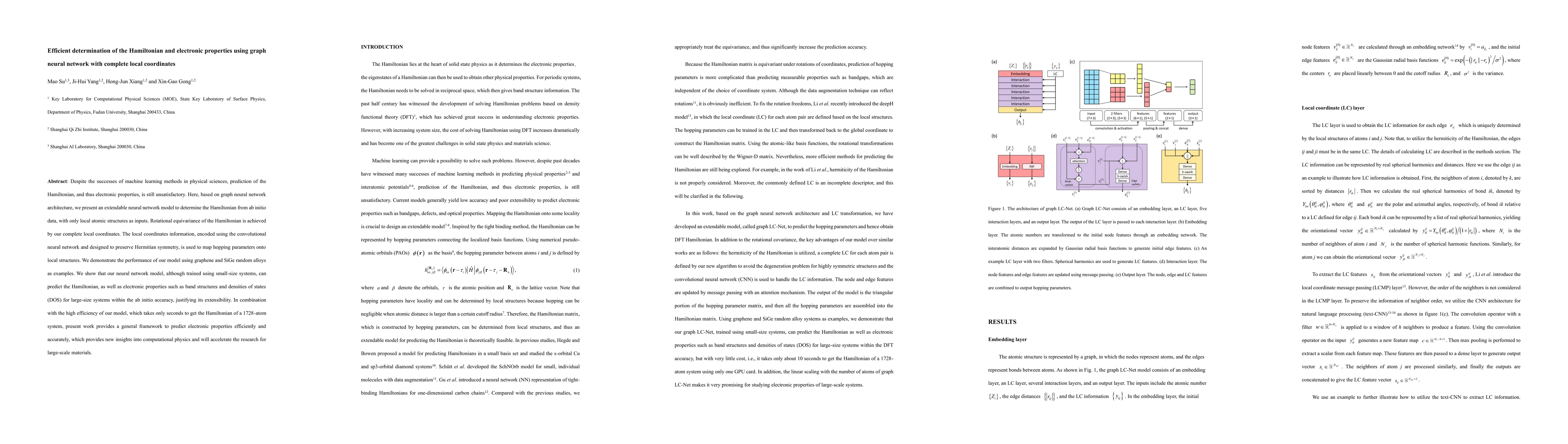 Thumbnail for Efficient determination of the Hamiltonian and electronic properties
  using graph neural network with complete local coordinates