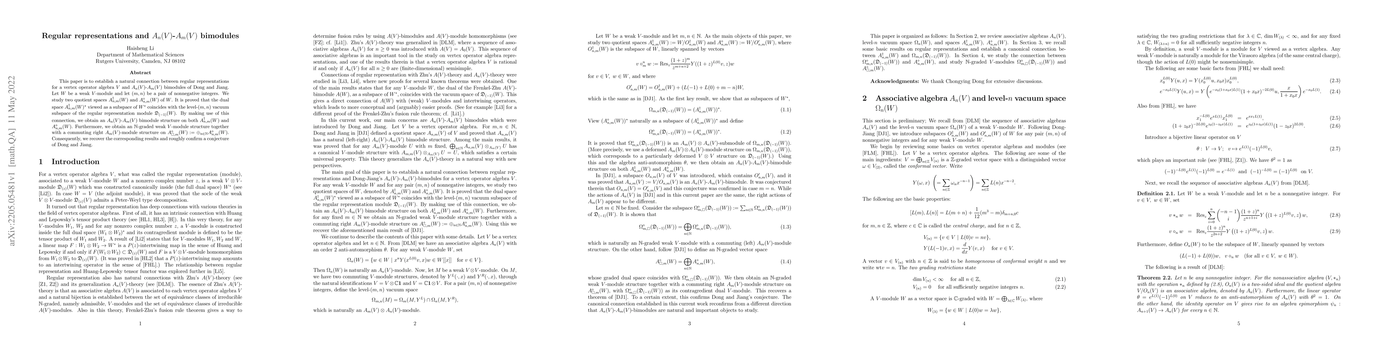 Thumbnail for Regular representations and $A_{n}(V)$-$A_{m}(V)$ bimodules