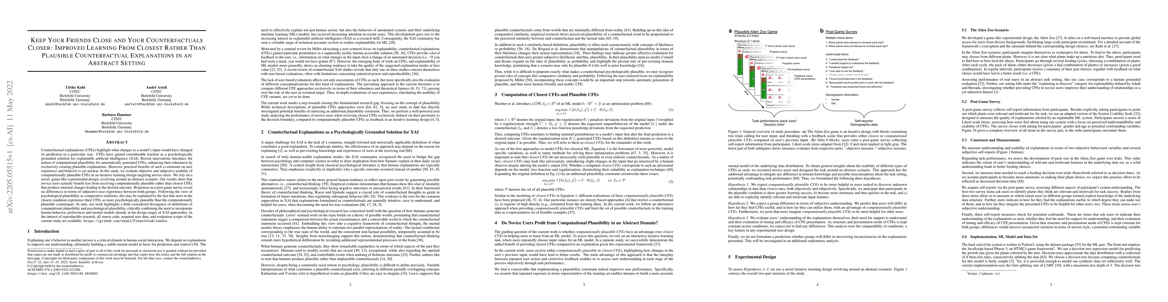 Thumbnail for Keep Your Friends Close and Your Counterfactuals Closer: Improved
  Learning From Closest Rather Than Plausible Counterfactual Explanations in an
  Abstract Setting
