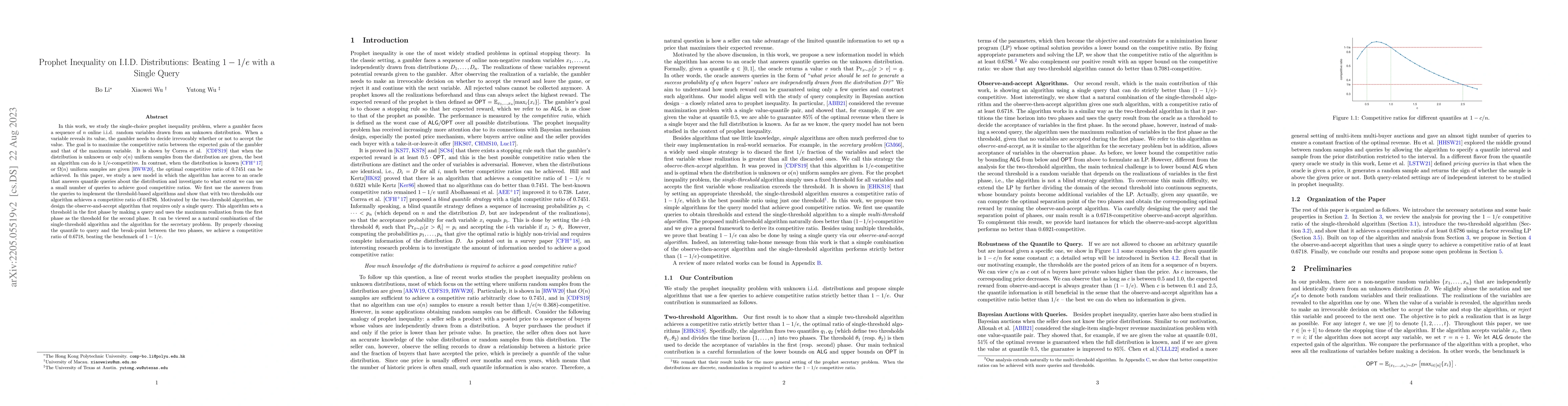 Thumbnail for Prophet Inequality on I.I.D. Distributions: Beating 1-1/e with a Single
  Query