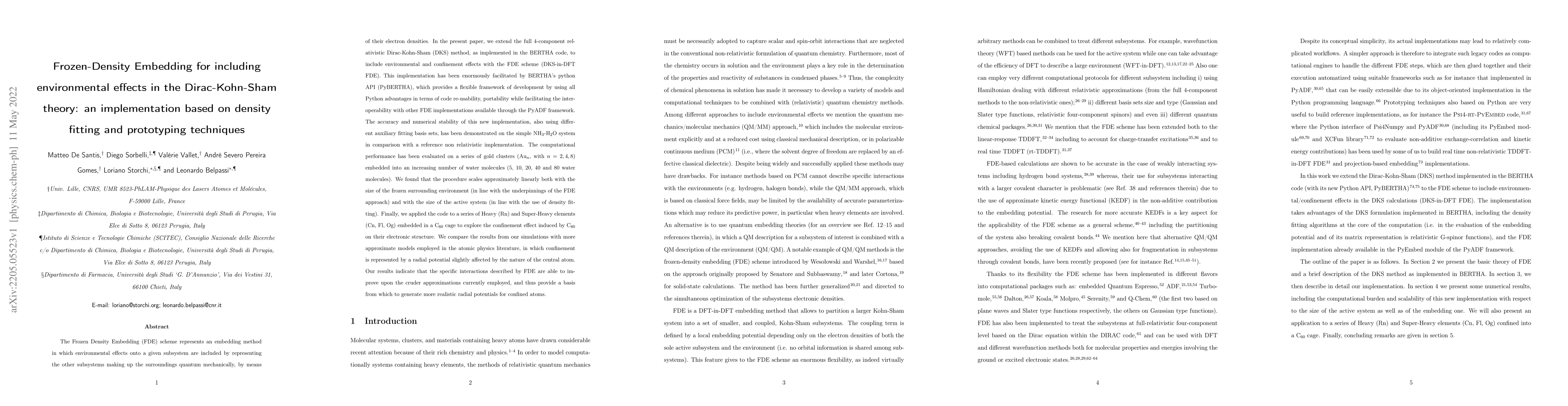 Thumbnail for Frozen-Density Embedding for including environmental effects in the
  Dirac-Kohn-Sham theory: an implementation based on density fitting and
  prototyping techniques