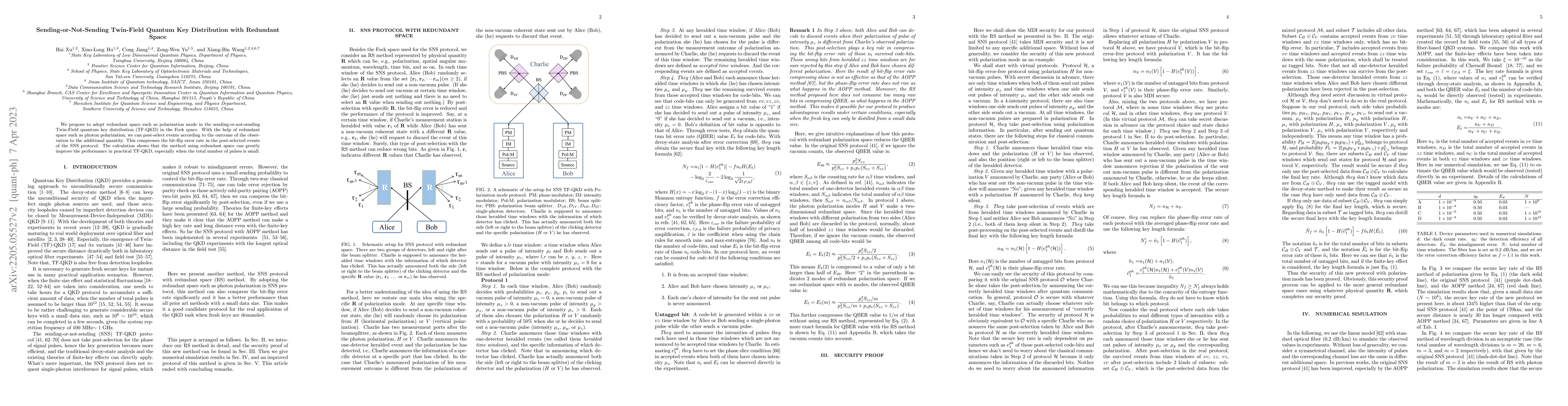 Thumbnail for Sending-or-Not-Sending Twin-Field Quantum Key Distribution with
  Redundant Space