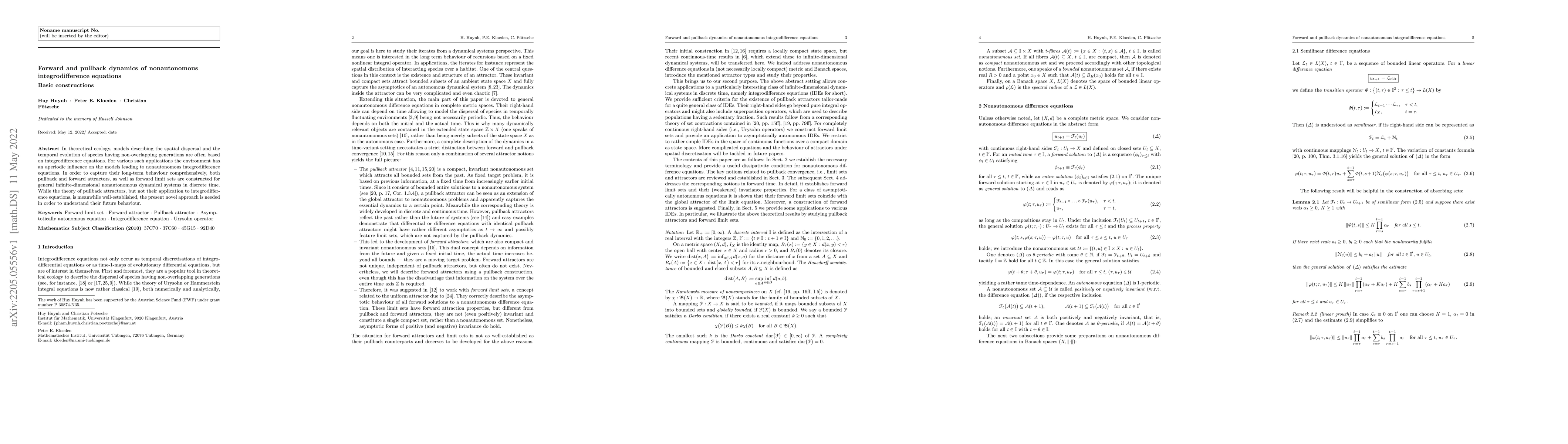 Thumbnail for Forward and Pullback Dynamics of Nonautonomous Integrodifference
  Equations: Basic Constructions
