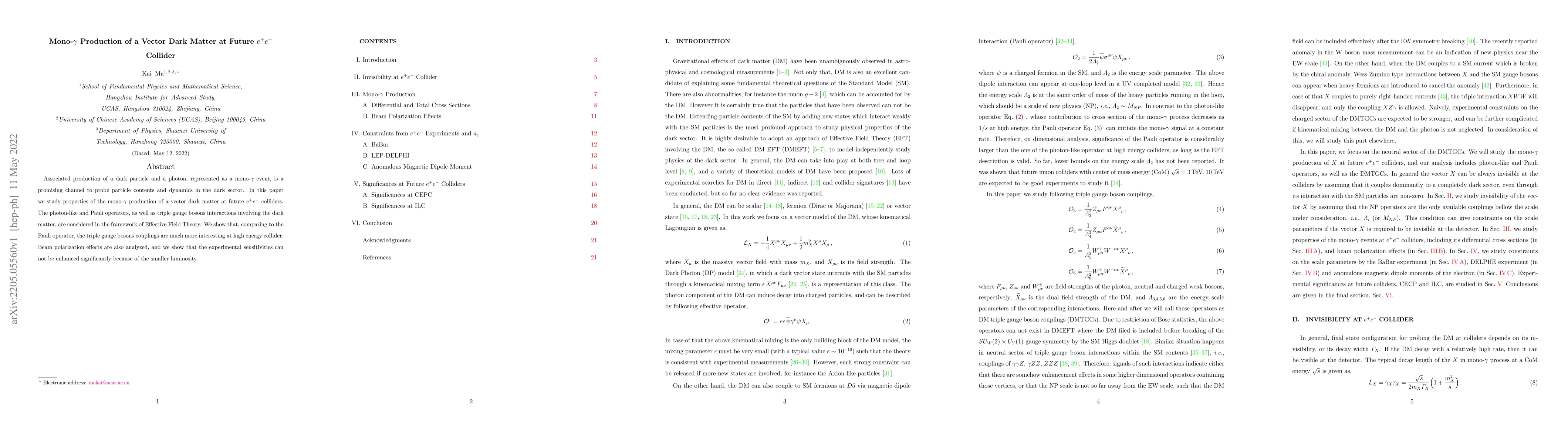 Thumbnail for Mono-$\gamma$ Production of a Vector Dark Matter at Future $e^+e^-$
  Collider
