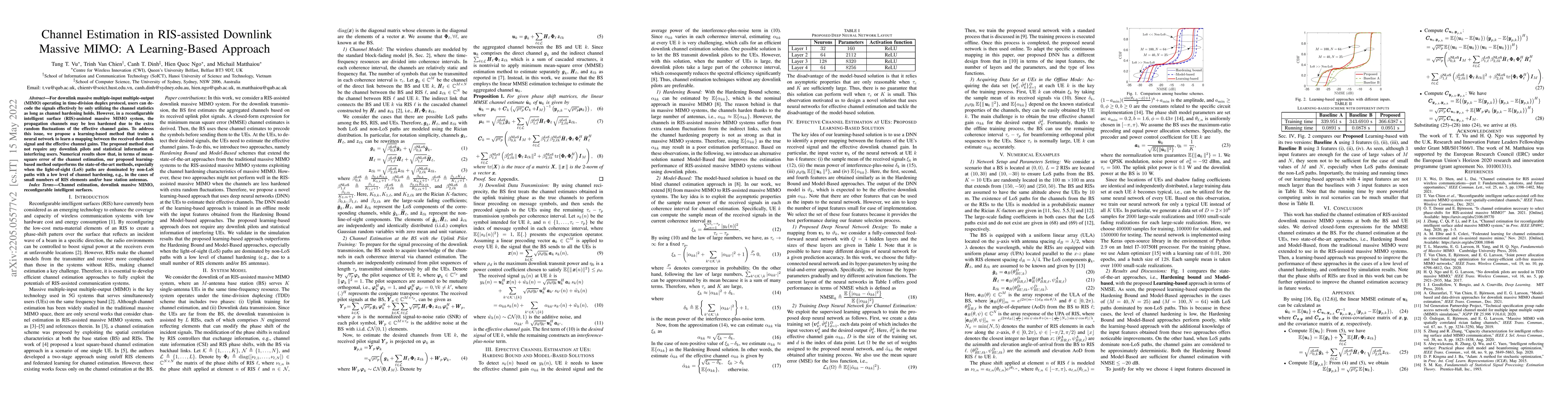 Thumbnail for Channel Estimation in RIS-assisted Downlink Massive MIMO: A
  Learning-Based Approach