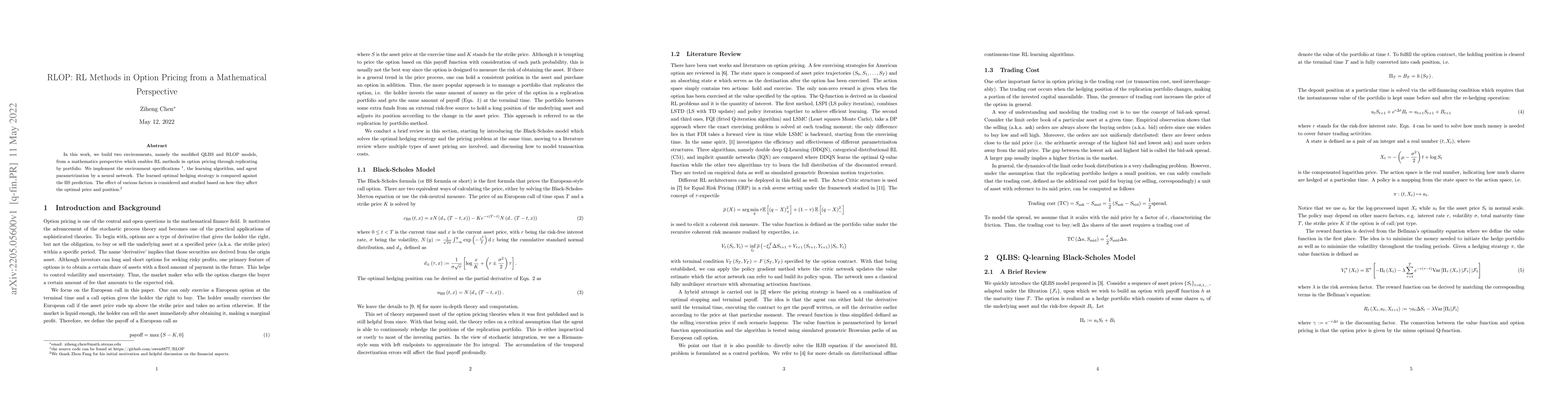 Thumbnail for RLOP: RL Methods in Option Pricing from a Mathematical Perspective