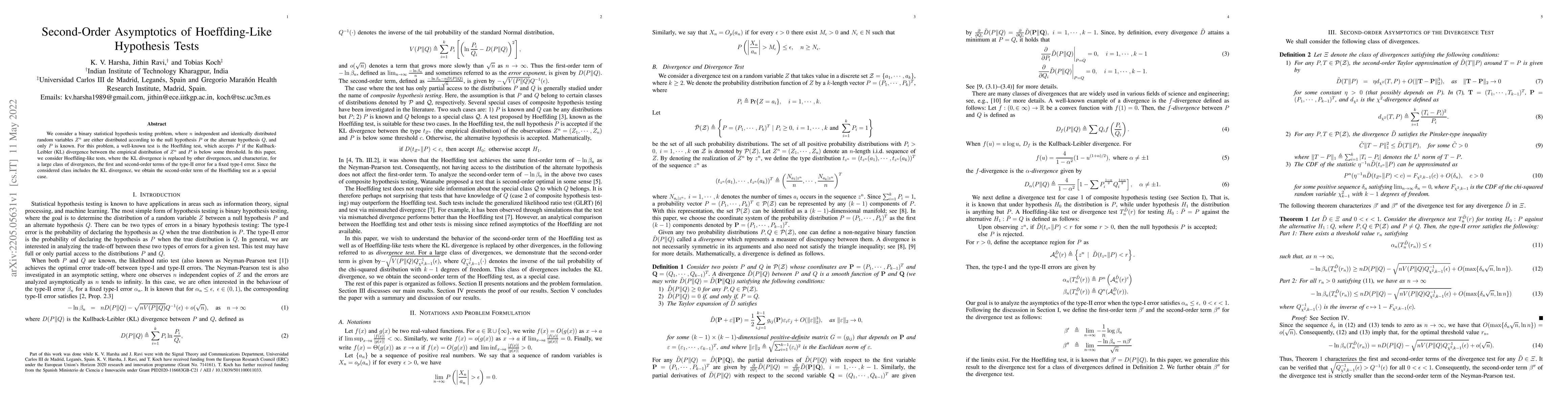 Thumbnail for Second-Order Asymptotics of Hoeffding-Like Hypothesis Tests