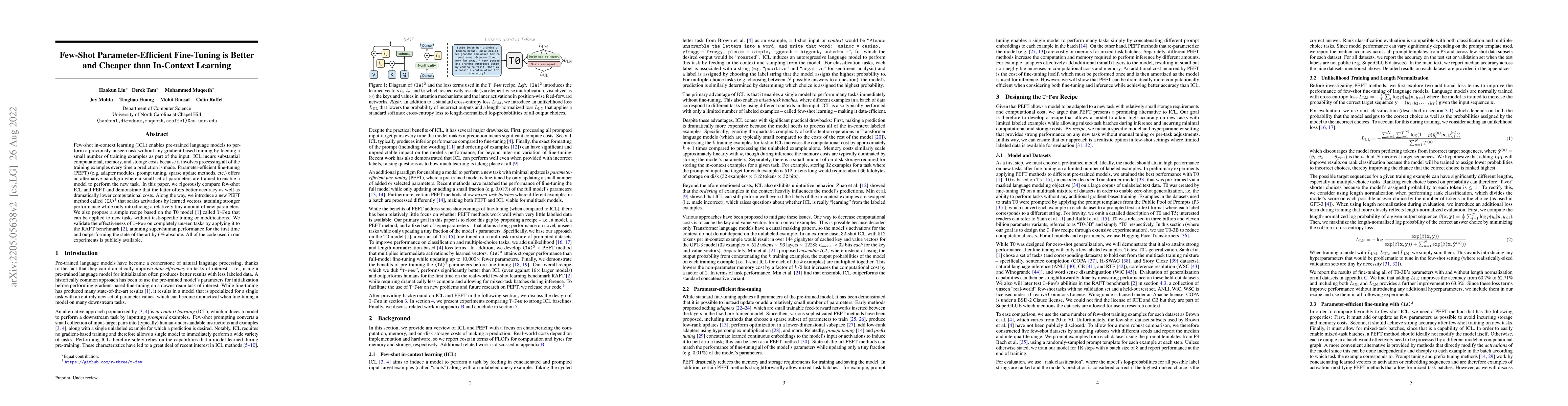 Thumbnail for Few-Shot Parameter-Efficient Fine-Tuning is Better and Cheaper than
  In-Context Learning