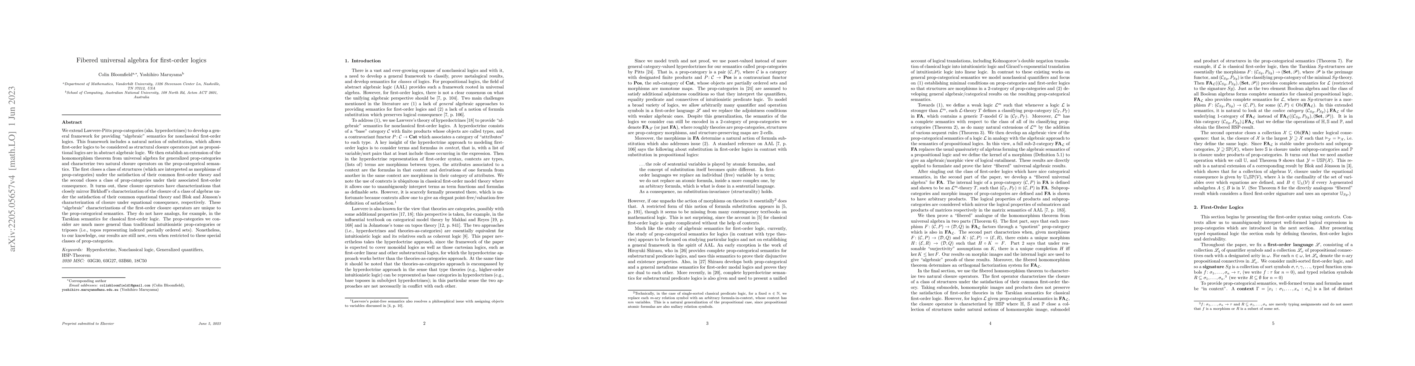 Thumbnail for Fibered Universal Algebra for First-Order Logics