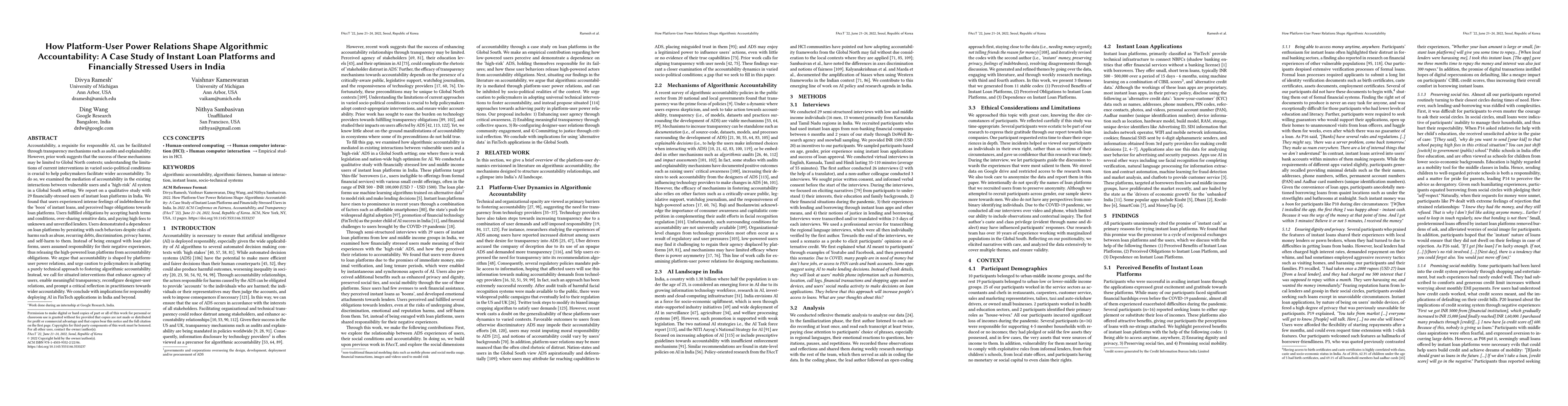 Thumbnail for How Platform-User Power Relations Shape Algorithmic Accountability: A
  Case Study of Instant Loan Platforms and Financially Stressed Users in India