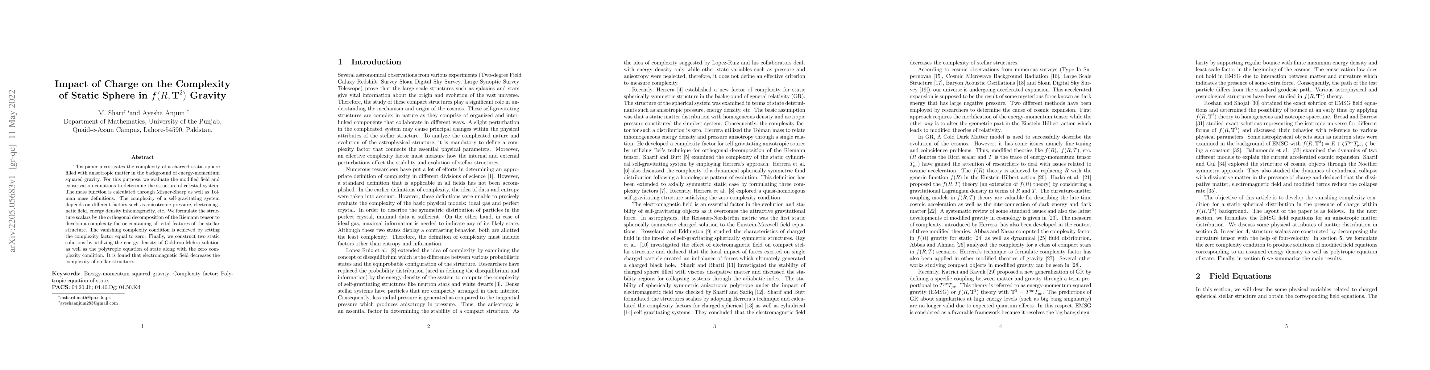 Thumbnail for Impact of Charge on the Complexity of Static Sphere in
  $f(R,\textbf{T}^{2})$ Gravity