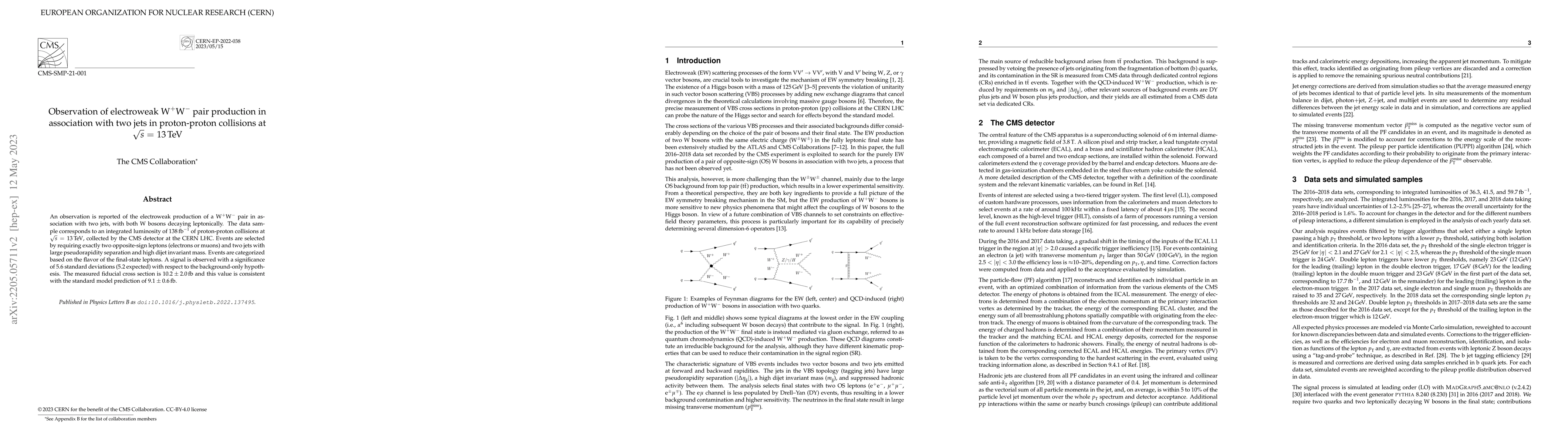 Thumbnail for Observation of electroweak W$^+$W$^-$ pair production in association
  with two jets in proton-proton collisions at $\sqrt{s}$ = 13 TeV