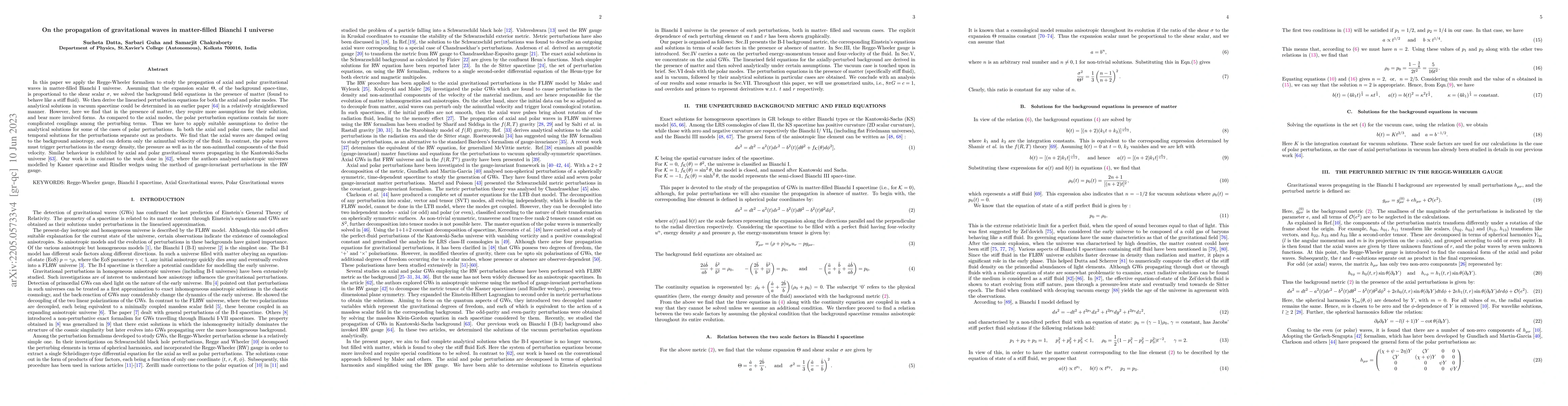 Thumbnail for On the propagation of gravitational waves in matter-filled Bianchi I
  universe