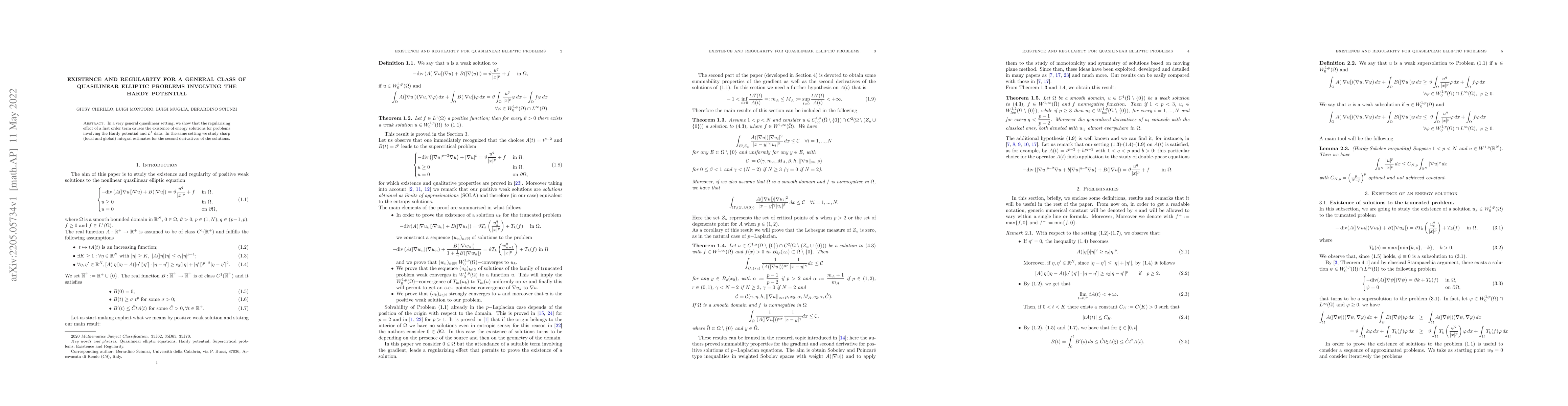 Thumbnail for Existence and regularity for a general class of quasilinear elliptic
  problems involving the Hardy potential