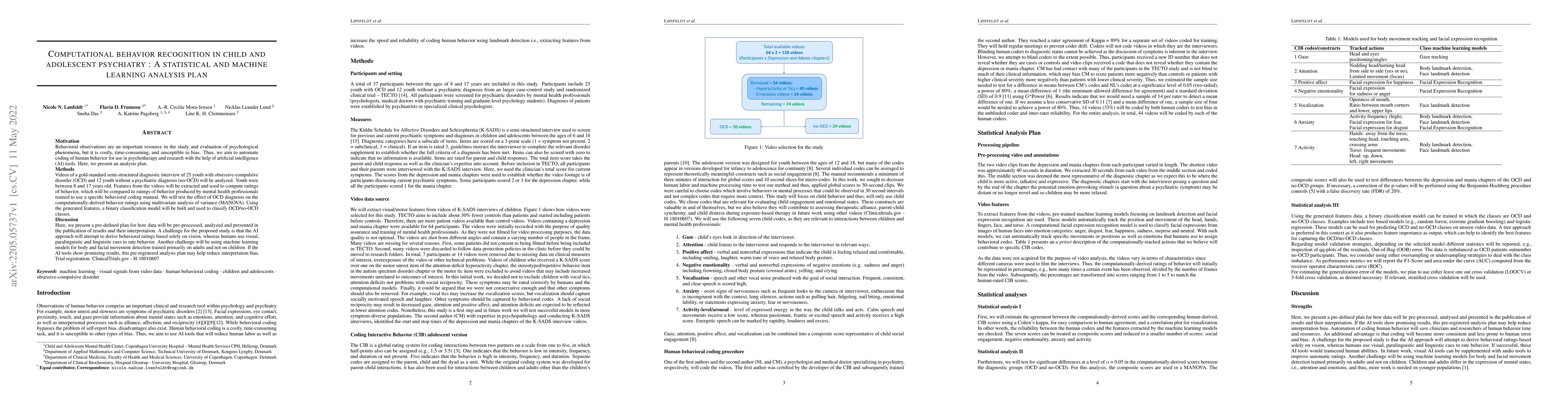 Thumbnail for Computational behavior recognition in child and adolescent psychiatry: A
  statistical and machine learning analysis plan