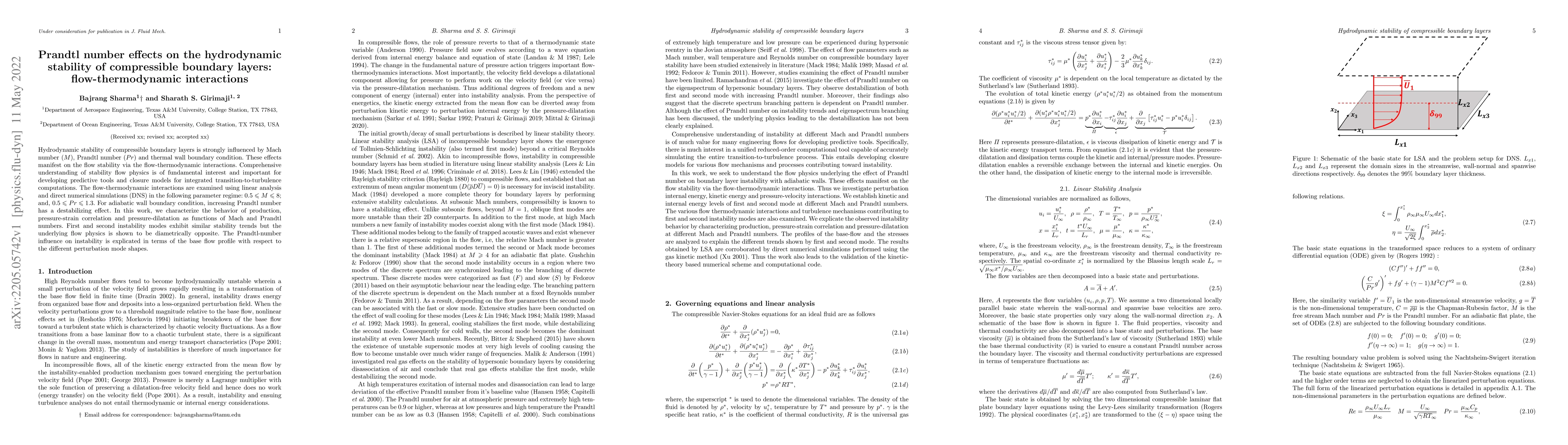 Thumbnail for Prandtl number effects on the hydrodynamic stability of compressible
  boundary layers: flow-thermodynamic interactions