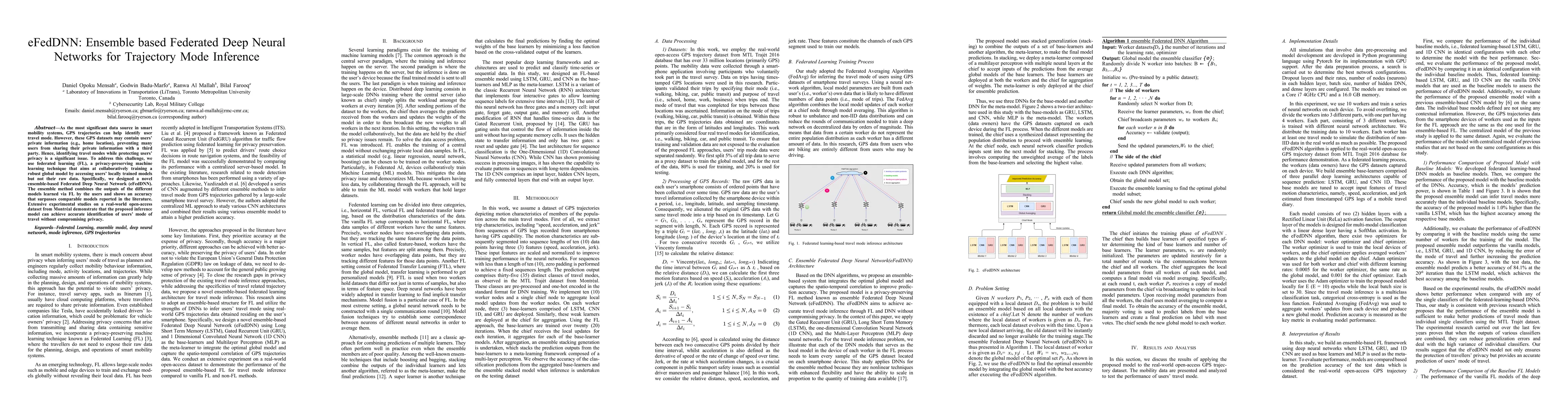Thumbnail for eFedDNN: Ensemble based Federated Deep Neural Networks for Trajectory
  Mode Inference