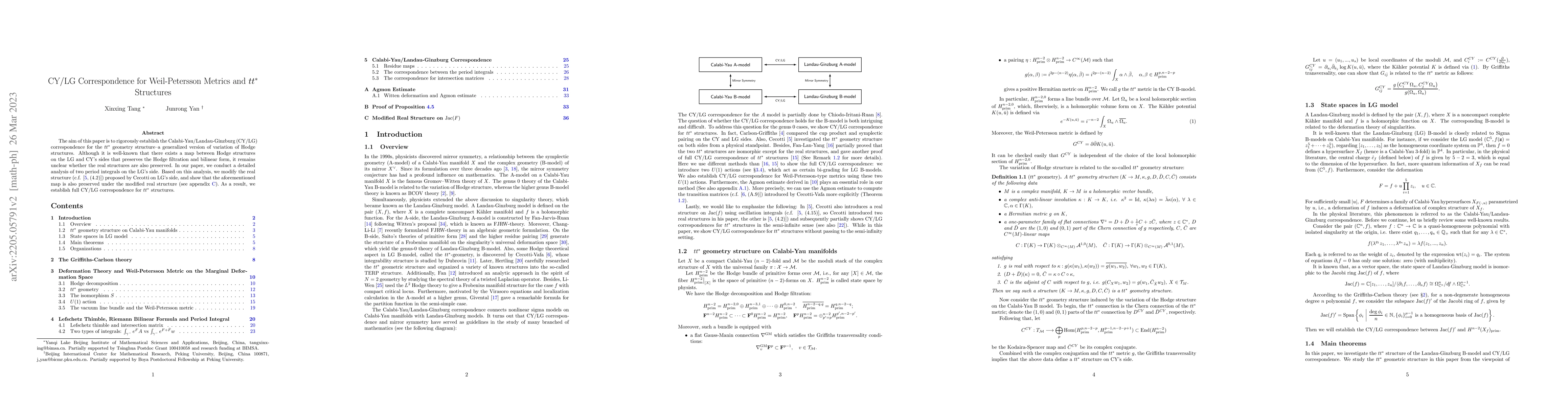 Thumbnail for Calabi-Yau/Landau-Ginzburg Correspondence for Weil-Peterson Metrics and
  $tt^*$ Structures