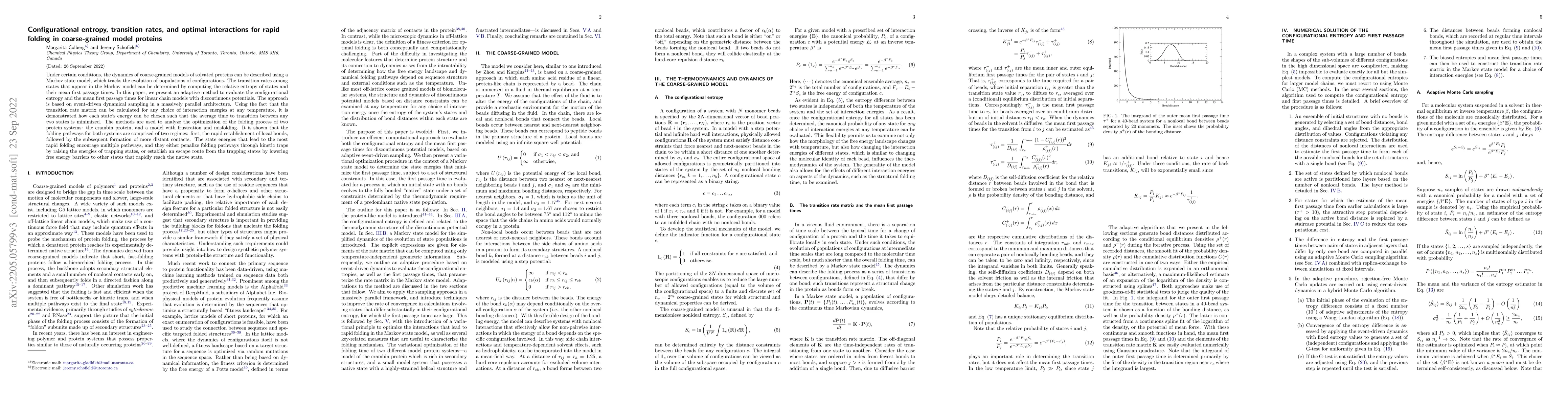 Thumbnail for Configurational entropy, transition rates, and optimal interactions for
  rapid folding in coarse-grained model proteins